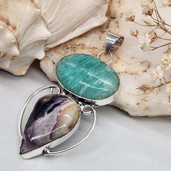 Natural Amazonite and Charoite Stones Silver 925 Pendant - Picture 5 of 5